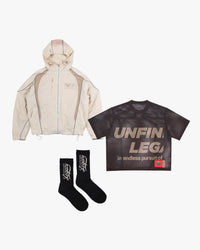 The Glasswing Set in Pursuit Brown: creme track jacket, brown mesh jersey and black UL Script socks